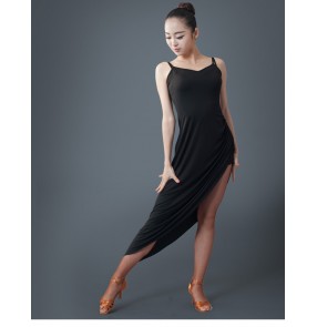 Black colored strap backless women's ladies female competition performance salsa latin dance dresses irregular hem outfits dance wear clothing
